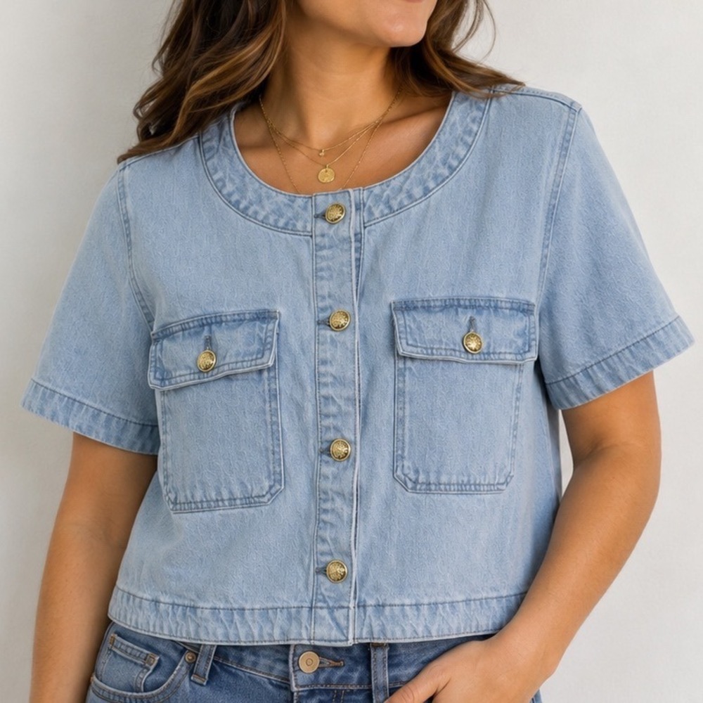 Free Assembly Women's XL Cropped Denim Jacket Top Light Wash Gold Button Cotton